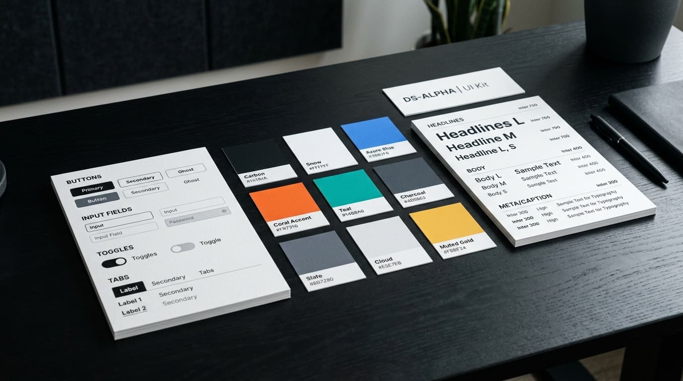 A design system laid out as component cards, buttons, inputs, toggles and type scale