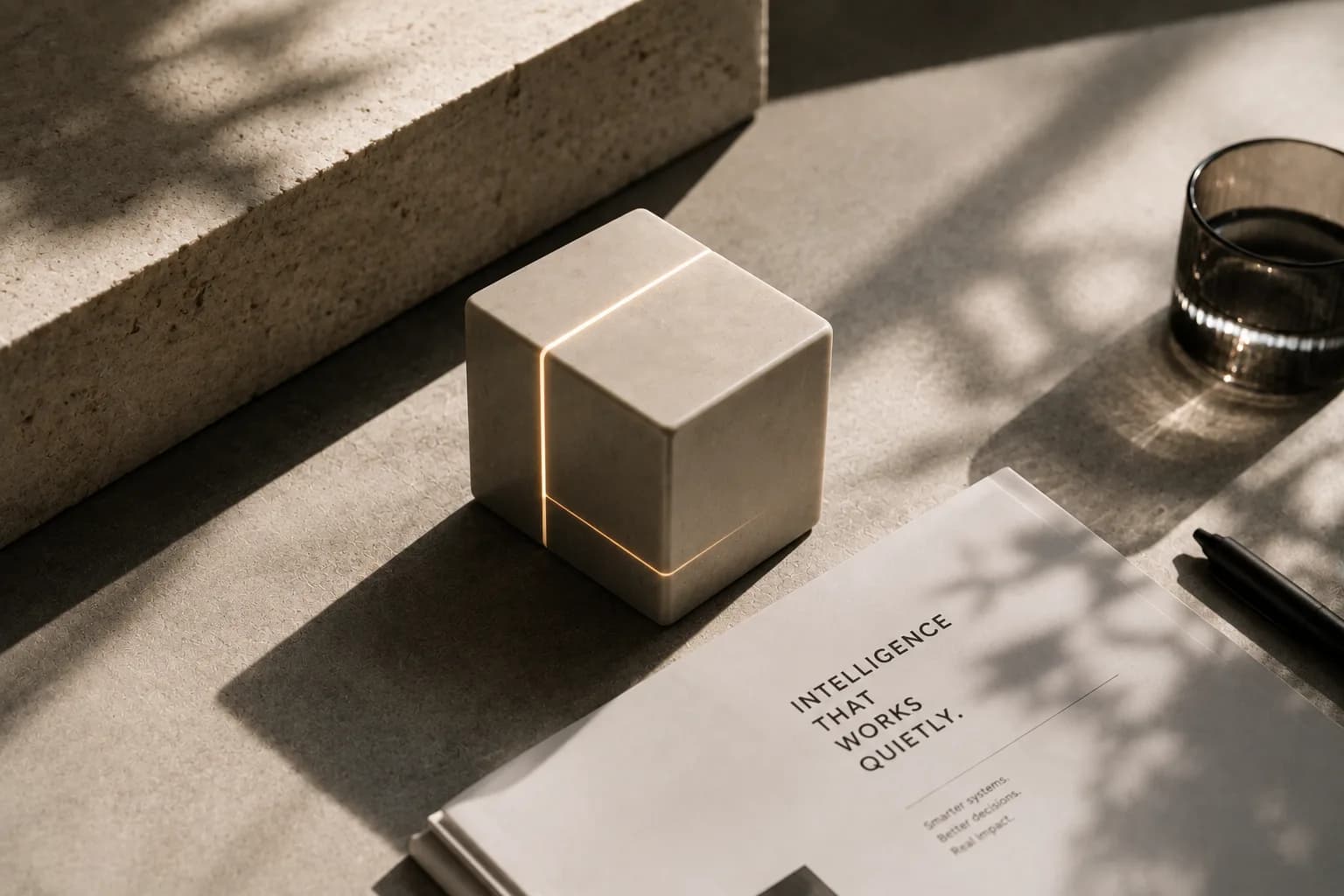 A pale stone cube with a glowing seam of light running through it, resting beside a printed page