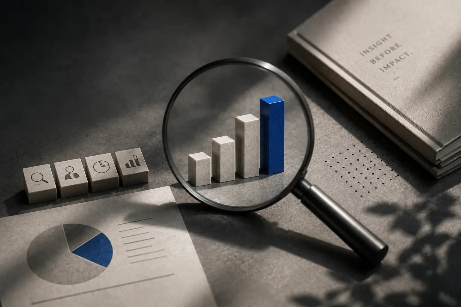 A magnifying glass held over a bar chart with the tallest bar highlighted in blue