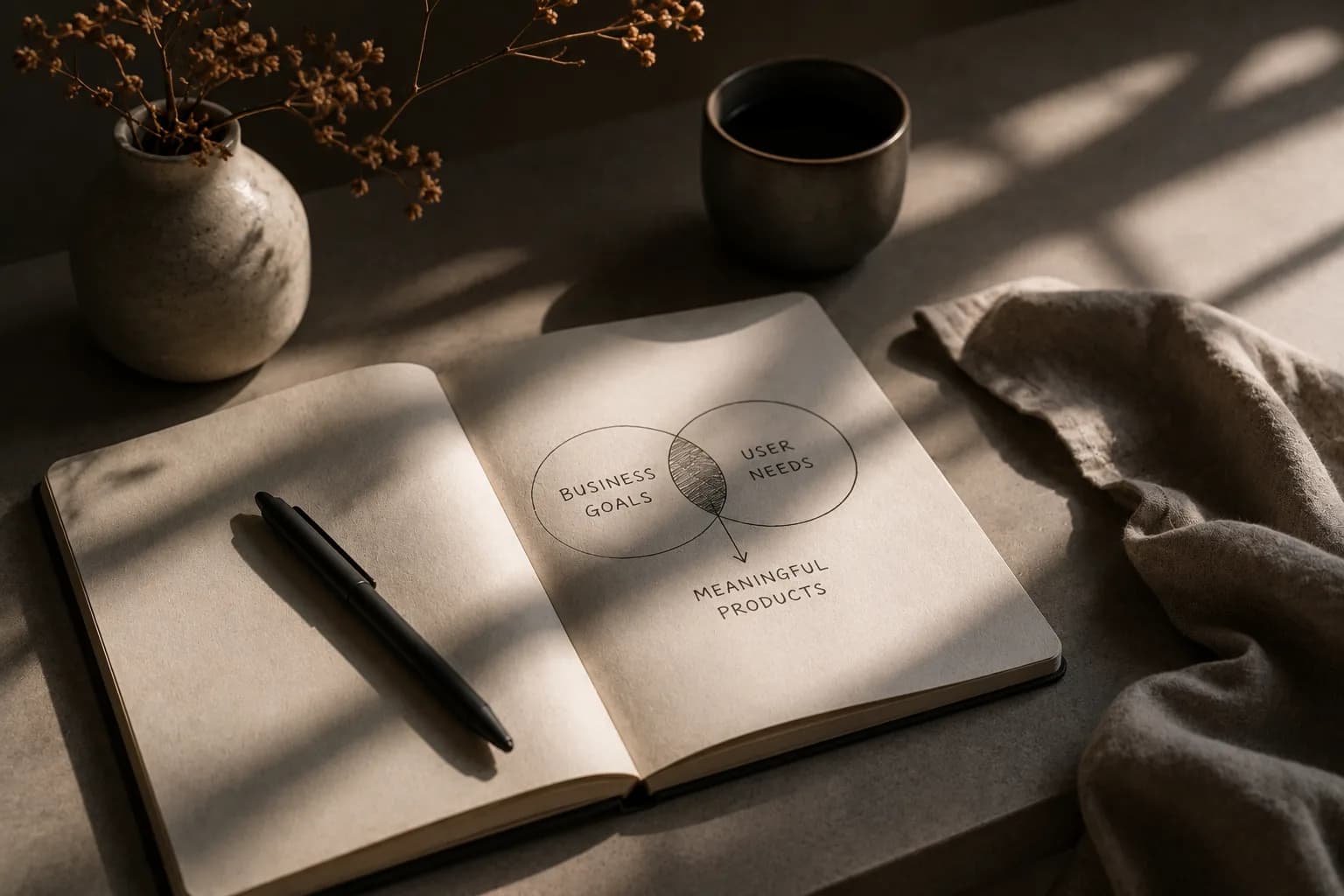 An open notebook showing a hand drawn Venn diagram of business goals and user needs