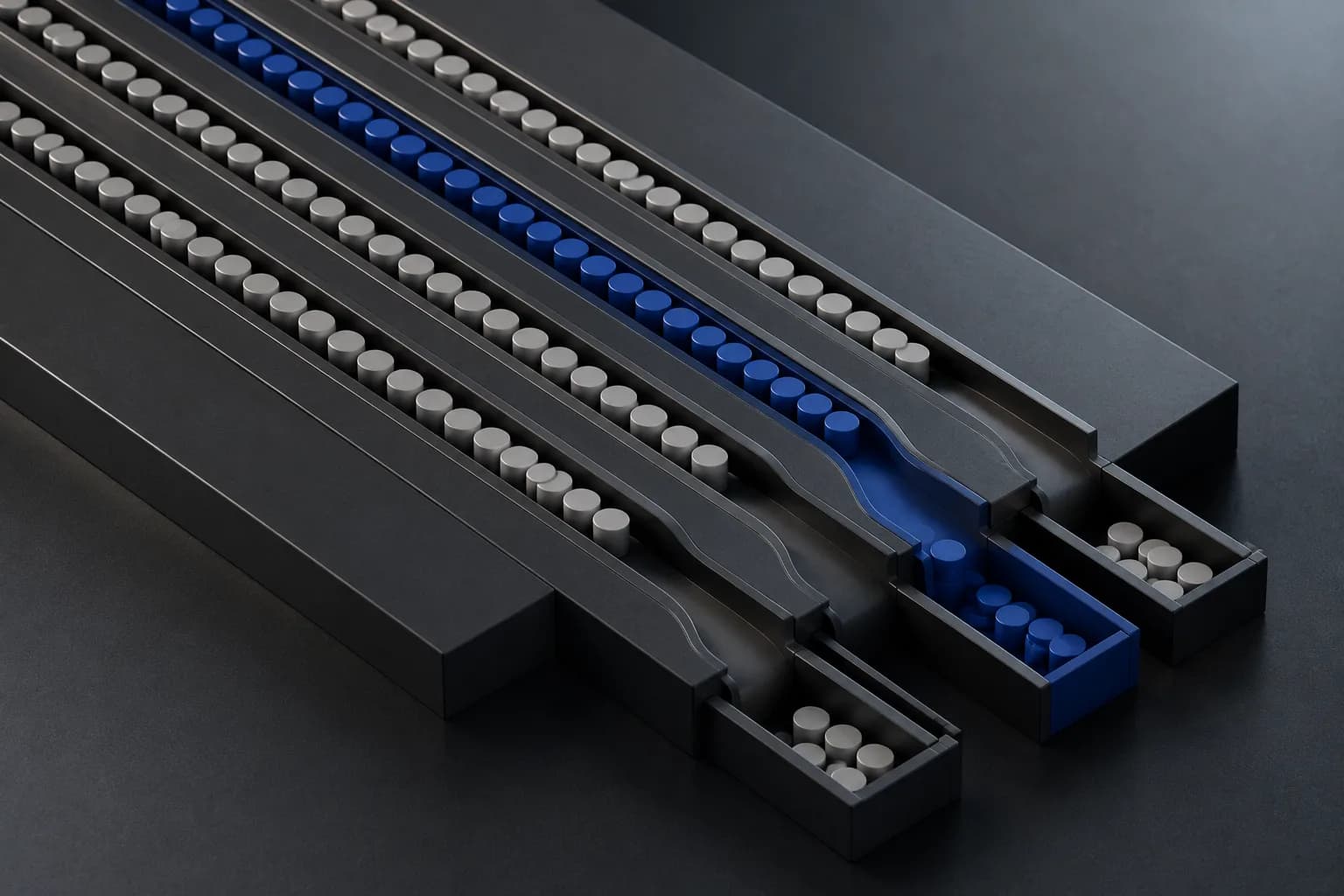 Identical cylinders travelling along parallel channels with one channel picked out in blue
